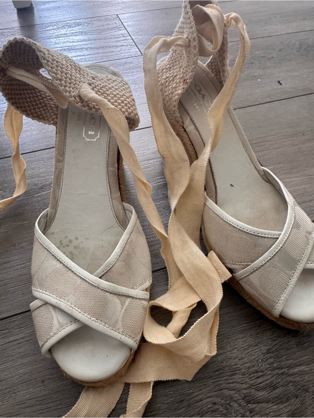 Coach Beige Lace-Up Espadrille Wedge Sandals - Women